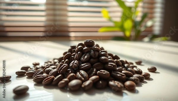 Fototapeta Dark roasted coffee beans in a white cup and bowl on a brown wooden table for a caffeine-rich breakfast drink