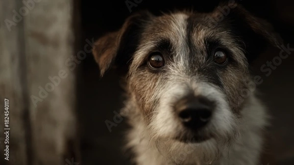 Fototapeta Close-up of Cute Border Collie Puppy Peering from Shadowed Area with Expressive Eyes