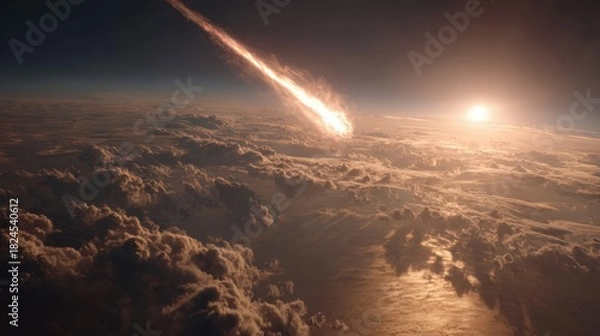Fototapeta Celestial Impact Showcasing a Meteor Burning Through Earth's Atmosphere and Bright Sunset
