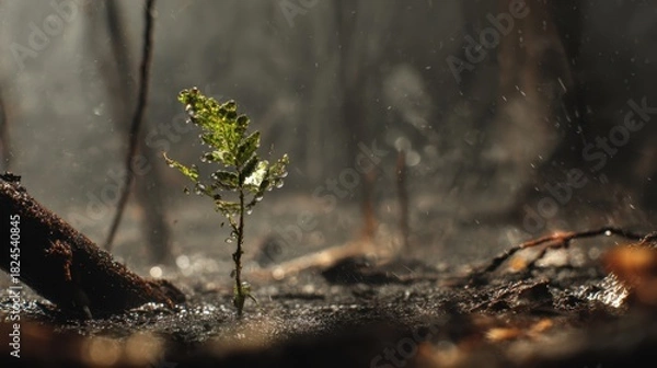 Fototapeta Close-up of a Sprouting Plant Growing in Soil after Rainstorm