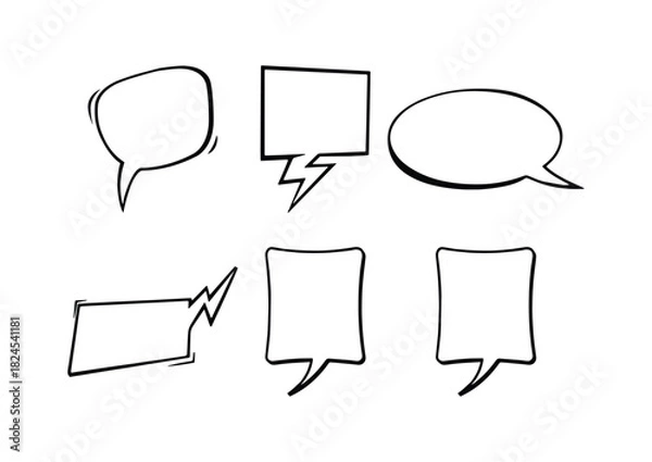 Fototapeta Collection of six hand drawn speech bubbles of different shapes on a white isolated background