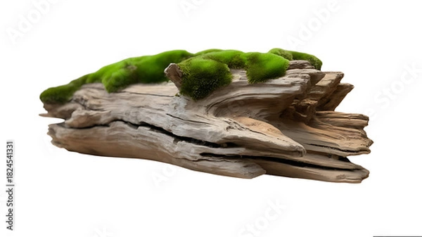 Fototapeta Isolated Driftwood Log with Vibrant Green Moss, Natural Wood Texture, Organic Element for Terrarium or Aquarium Decoration, on White Background