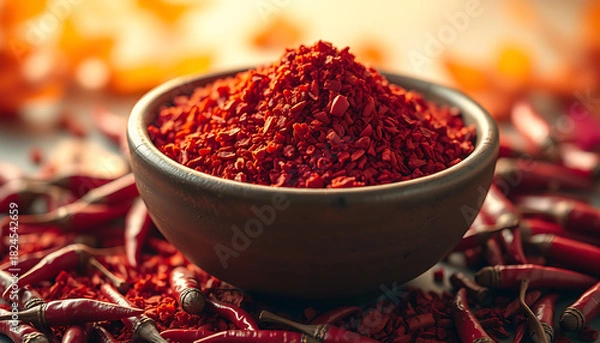Fototapeta Closeup of red hot chili peppers in a white bowl with dry cooking spices and raw vegetable seasoning