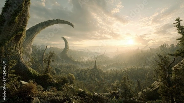 Fototapeta Mystical Alien Forest with Gigantic Curved Trees and Sunset Lighting in Fantasy World