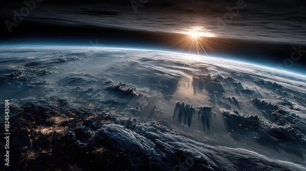 Fototapeta A breathtaking view of Earth from space with the sunrise illuminating the atmosphere and clouds
