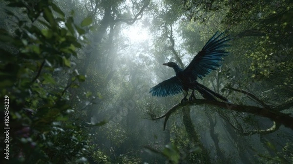 Fototapeta Mystical Black Bird with Blue Highlights perches on a tree branch in a foggy forest