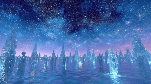 Fototapeta Surreal futuristic scene with glowing humanoid sculptures under starry night sky