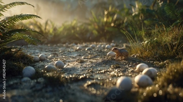 Fototapeta Tiny Dinosaur Hatchling Surrounded by Eggs in a Forest Landscape at Sunrise