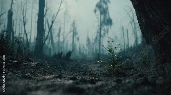 Fototapeta Resilient Plant Growing in Charred Forest Amidst Smoke and Destruction