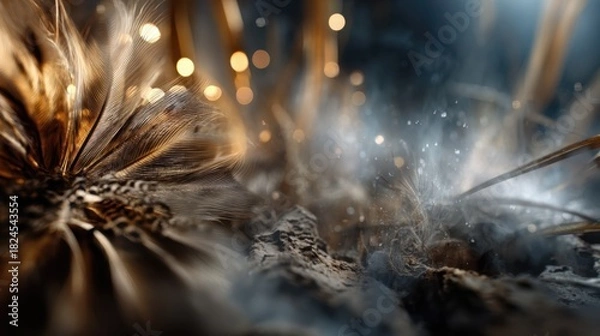 Fototapeta Close-up of Burning Feather with Sparks and Smoke in Dark Environment