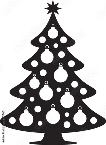 Obraz Black and white christmas tree silhouette with ornaments