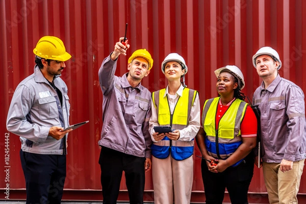Fototapeta Happy diverse group of engineers workers checking inventory with tablet device in the container yard background. This is a freight transportation and distribution warehouse.
