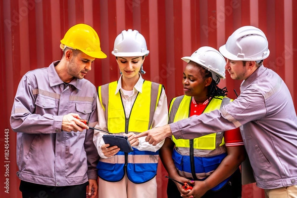 Fototapeta Happy diverse group of engineers workers checking inventory with tablet device in the container yard background. This is a freight transportation and distribution warehouse.