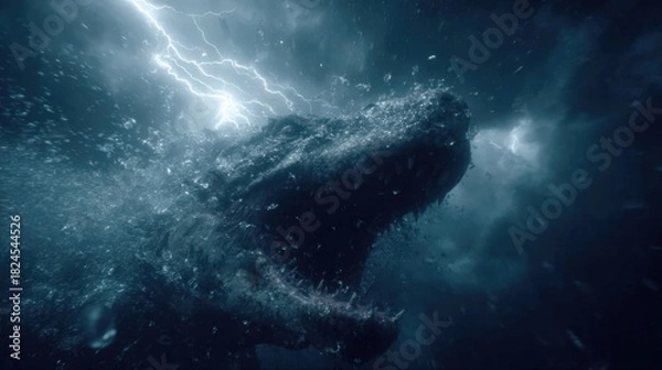 Fototapeta Dramatic Underwater Scene of a Crocodile with Thunderstorm and Lightning