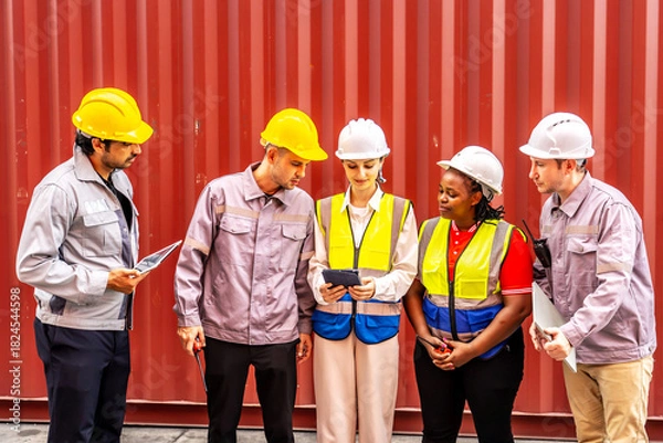 Fototapeta Happy diverse group of engineers workers checking inventory with tablet device in the container yard background. This is a freight transportation and distribution warehouse.