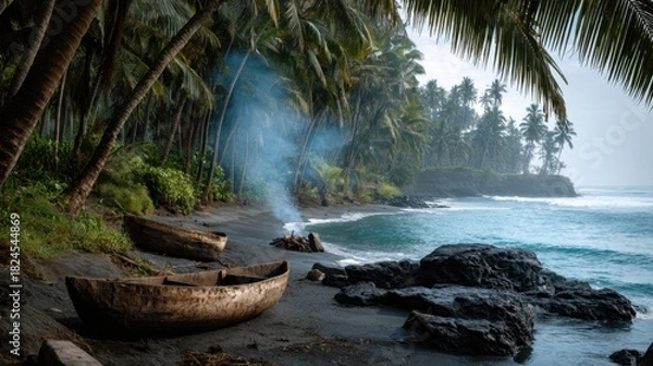 Fototapeta Tropical Beach with Palm Trees and Fireside Scene in a Remote Coastal Setting