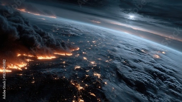Fototapeta Earth from Space on Fire with Volcanic Eruptions and Dark Clouds under Moonlight