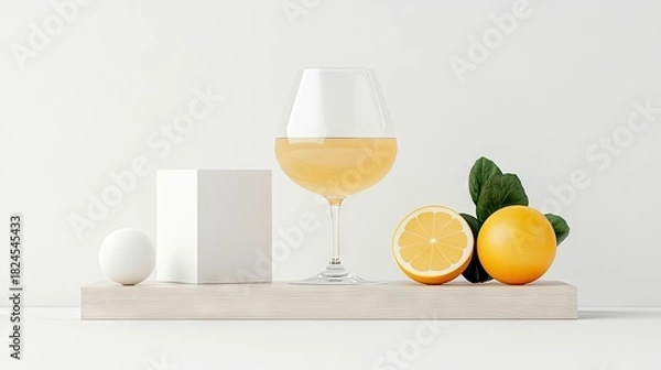 Fototapeta A minimalist still life composition featuring a glass of orange juice, whole and halved oranges, green leaves, a white sphere, and a white cube, all arranged on