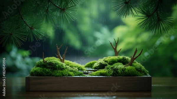 Fototapeta Miniature Moss Garden in Rain: Tranquil Zen Landscape with Lush Green Moss, Tiny Trees, and Gentle Raindrops for Serene Nature and Mindfulness Concepts