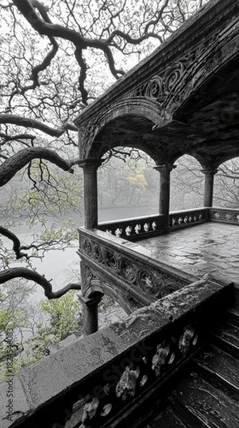Fototapeta An ornate, weathered stone balcony with intricate carvings and columns overlooks a calm, misty lake. Bare, gnarled tree branches frame the scene, suggesting a c