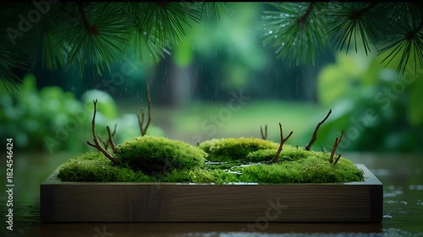 Fototapeta Miniature Moss Garden in Rain with Pine Branches, Tranquil Nature Scene, Lush Green Moss, Wooden Planter, Rainy Day, Close-Up, Serene and Peaceful