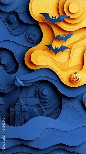 Fototapeta A stylized paper cut scene depicting a Halloween night with flying bats, a jack-o'-lantern, and a spooky haunted house against a layered blue and yellow backgro