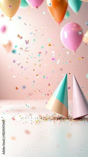 Fototapeta A festive scene with colorful party hats and balloons, scattered confetti, and soft, pastel lighting, creating a celebratory atmosphere.