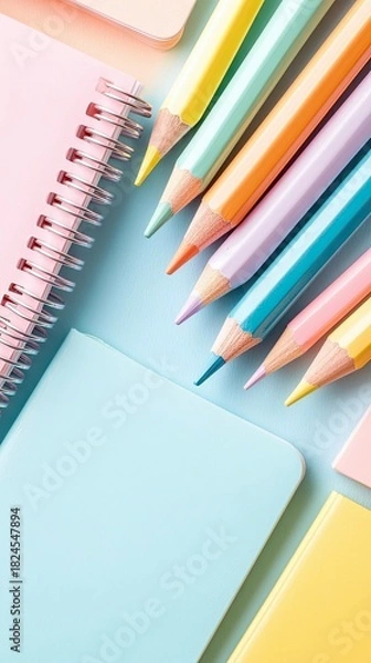 Fototapeta A collection of pastel colored pencils and notebooks are neatly arranged on a light blue surface, creating a soft and inviting aesthetic.