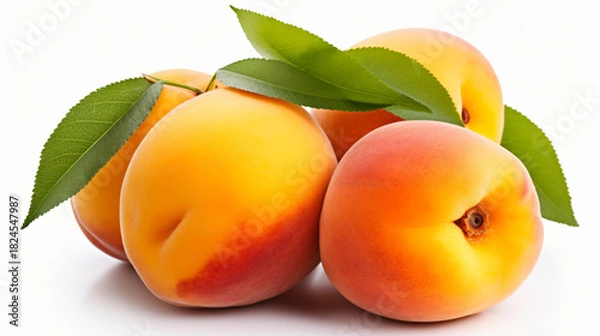 Fototapeta Ripe apricots with leaves, Fresh apricots with green leaf