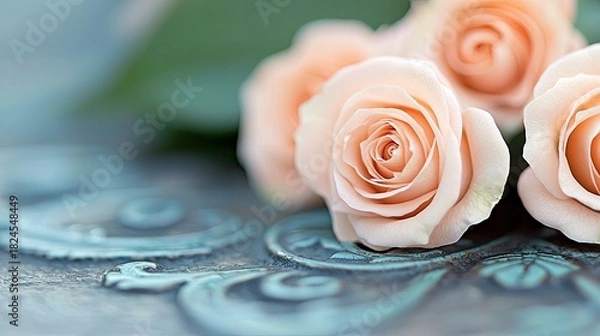 Fototapeta A close-up shot of several delicate peach-colored roses resting on an ornate, teal-colored surface. The background is softly blurred, suggesting a gentle, roman