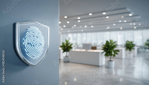 Fototapeta Fingerprint security shield icon glowing office wall conveys access control and biometric