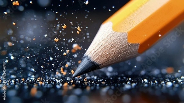 Fototapeta Close-up of a sharp pencil tip creating wood shavings and graphite dust that fly around in dramatic, dark lighting. The background is blurred with bokeh.