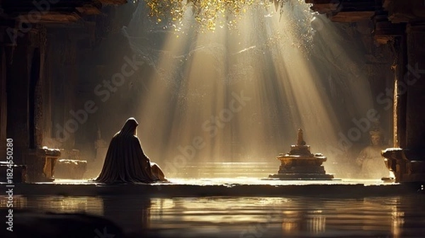 Fototapeta A person in a hooded robe sits in meditation within an ancient, dimly lit temple. Dramatic sunbeams pierce through the ceiling, illuminating dust motes and refl