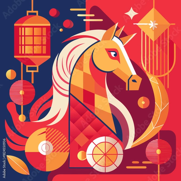 Obraz Futuristic Chinese New Year poster featuring abstract horse shapes, glowing lantern lines, and festive red tones.