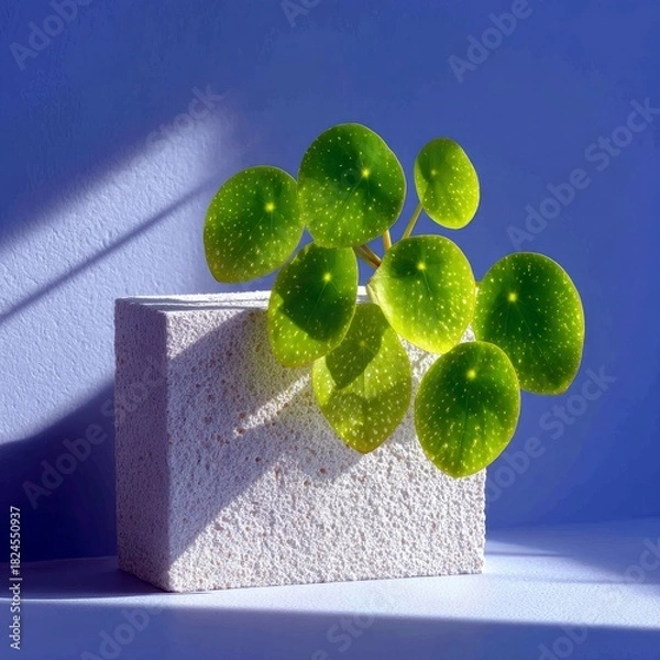 Fototapeta A Pilea plant with round, green leaves sits in a textured, geometric pot against a vibrant blue wall. Dramatic diagonal shadows are cast across the scene, creat