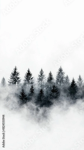 Fototapeta A dense forest of dark pine trees emerges from a thick layer of white fog, creating a mysterious and atmospheric scene.