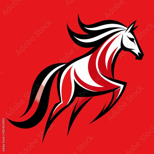 Obraz Dynamic abstract horse stroke art with thin lantern lines, Asian-inspired red gradient background.