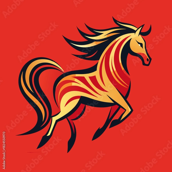 Obraz Dynamic abstract horse stroke art with thin lantern lines, Asian-inspired red gradient background.
