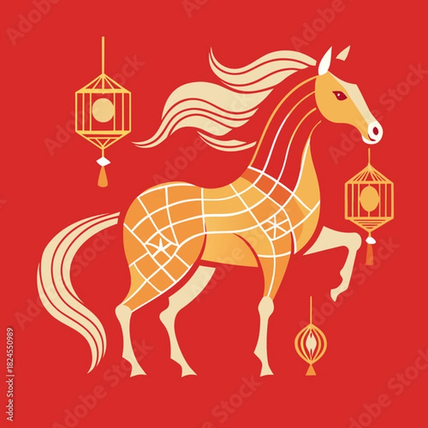 Obraz Abstract flowing horse illustration with Chinese motifs, clean vector style, gold linear lanterns on crimson.
