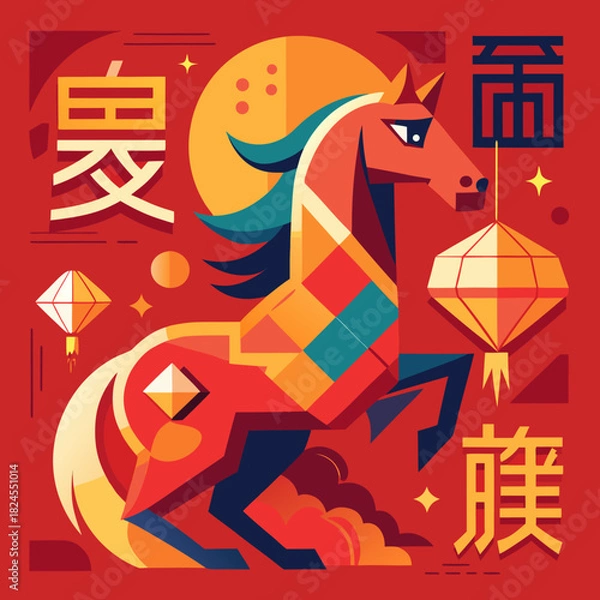 Obraz Futuristic Chinese New Year poster featuring abstract horse shapes, glowing lantern lines, and festive red tones.chines