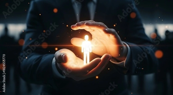 Fototapeta Elegant concept of human capital management with glowing figure held carefully in hands, symbolizing protection and growth, modern business solutions, HR