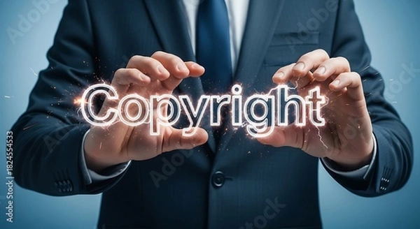 Fototapeta Protect your ideas with strong copyright enforcement - Businessman holding glowing copyright text to emphasize legal protection and ownership rights