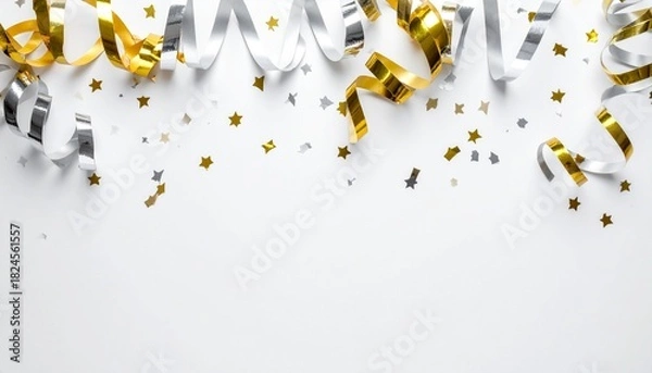 Fototapeta Gold and Silver Party Streamers on White Surface – New Year’s Eve Top View
