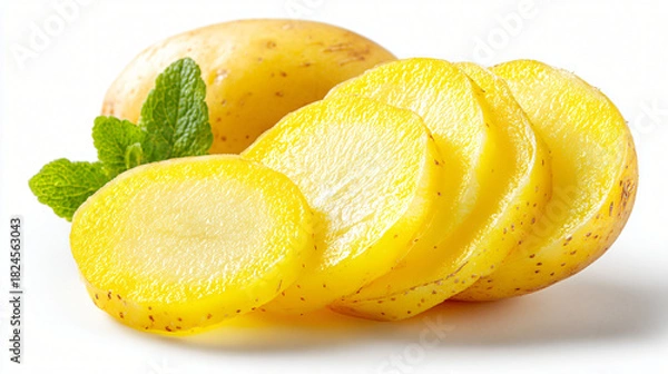 Fototapeta Fresh potato sliced rounds, Potato root cut into circles