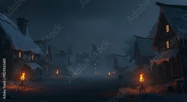 Obraz Nighttime view of a few houses along a dimly lit street, creating a serene atmosphere.