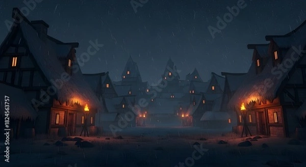 Obraz A peaceful night landscape showing a few houses and an empty street, enveloped in darkness.