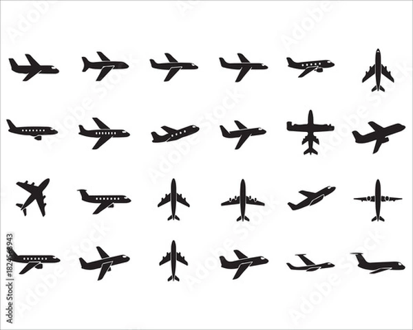 Fototapeta Set of black airplane silhouettes in different angles vector illustration