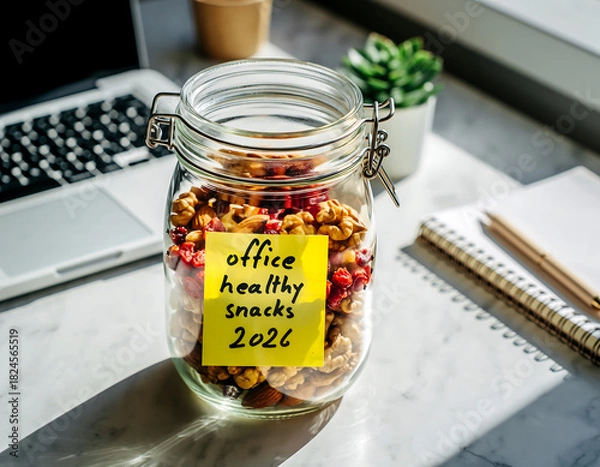 Fototapeta Workplace wellness concept featuring a jar of healthy trail mix on a sunlit office desk, symbolizing future health goals