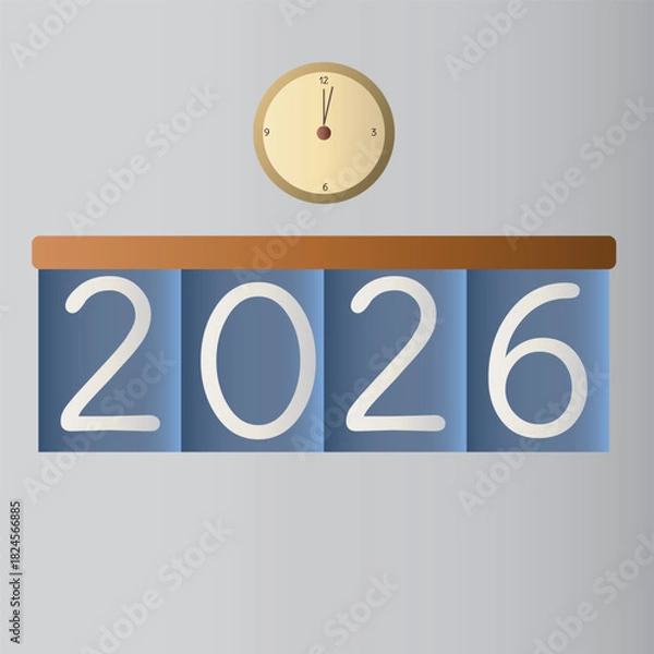 Fototapeta New Year 2026 Countdown Illustration with Clock and Flip Calendar Design. Minimalist style. Perfect for holiday greetings, celebration themes, event promotions, and digital festive designs.