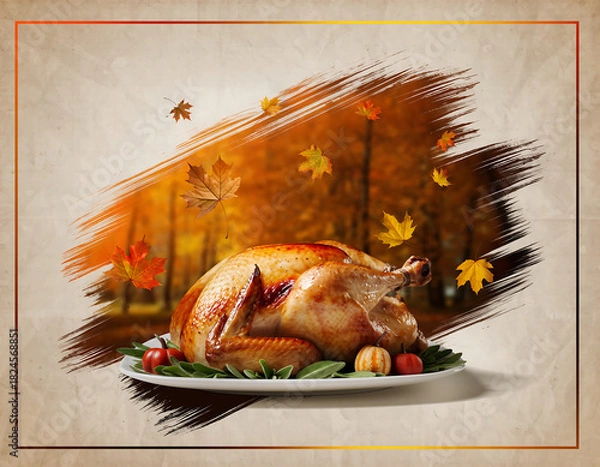 Fototapeta A delicious roasted turkey centerpiece for a holiday meal, set against a painterly and artistic autumn forest background with falling leaves